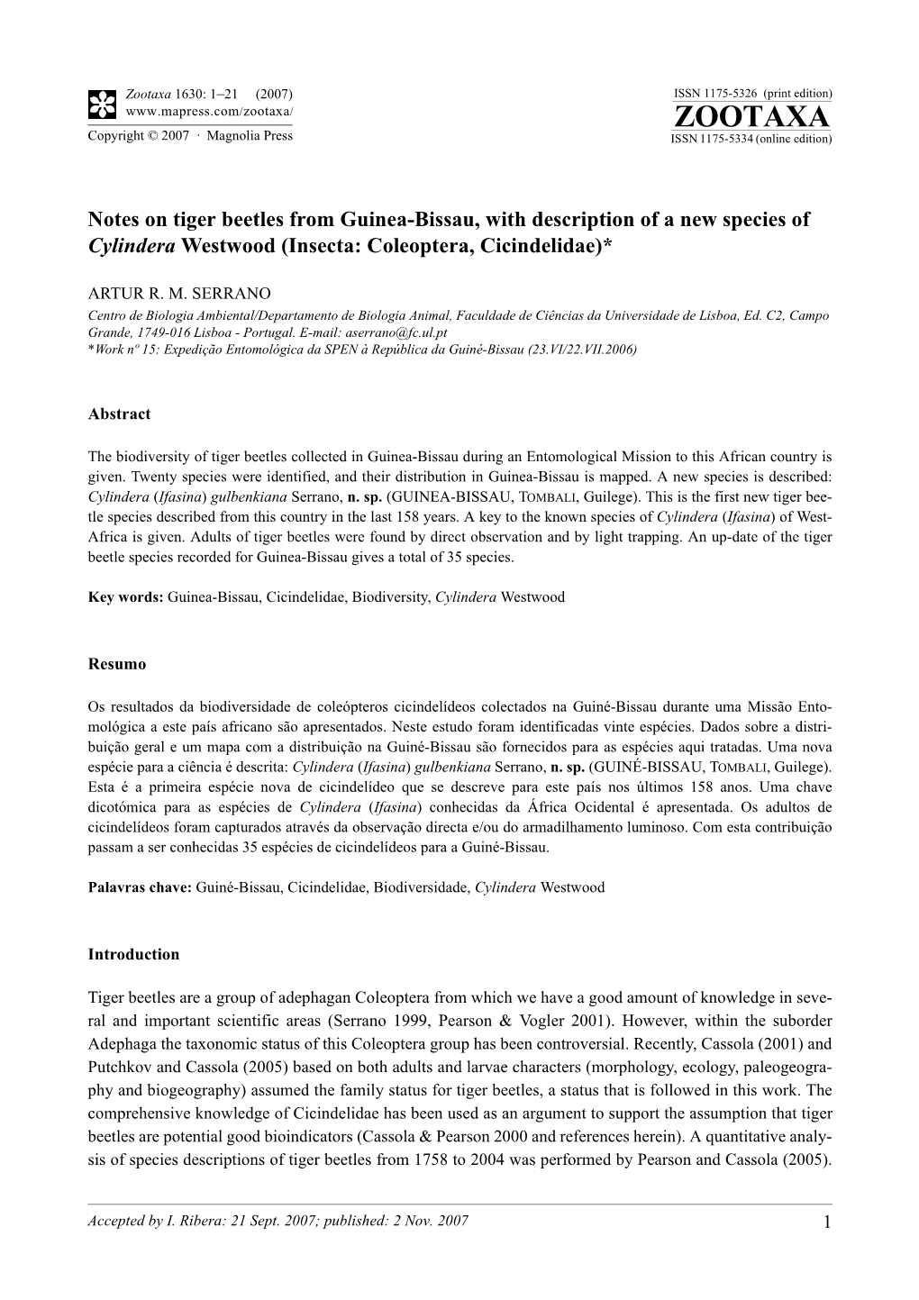 Zootaxa,Notes on Tiger Beetles from Guinea-Bissau