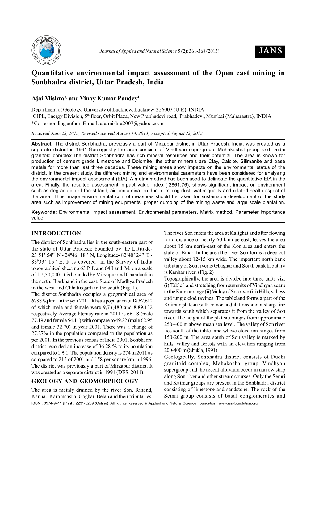 Quantitative Environmental Impact Assessment of the Open Cast Mining in Sonbhadra District, Uttar Pradesh, India