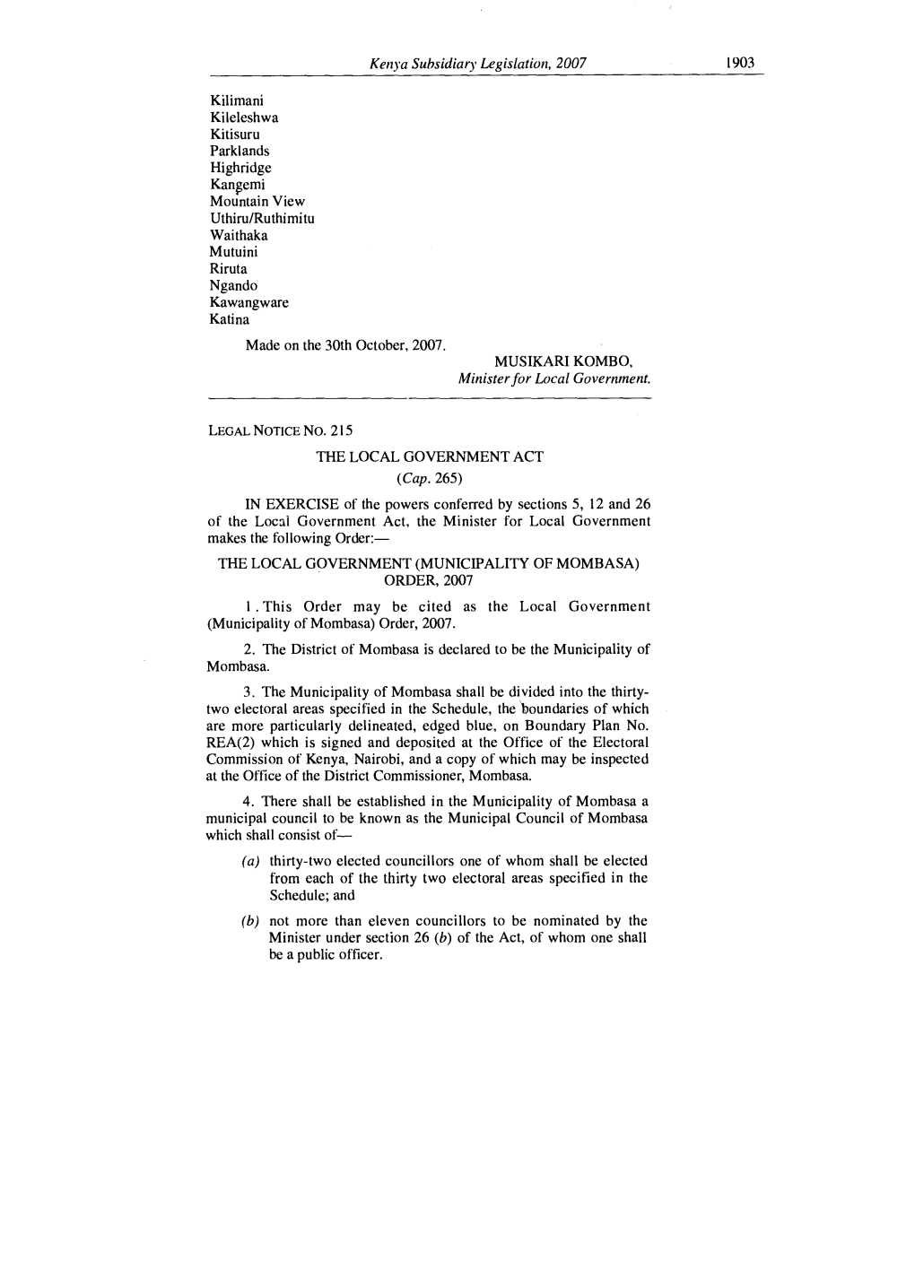 Kenya Subsidiary Legislation, 2007 1903 Kilimani Kileleshwa Kitisuru