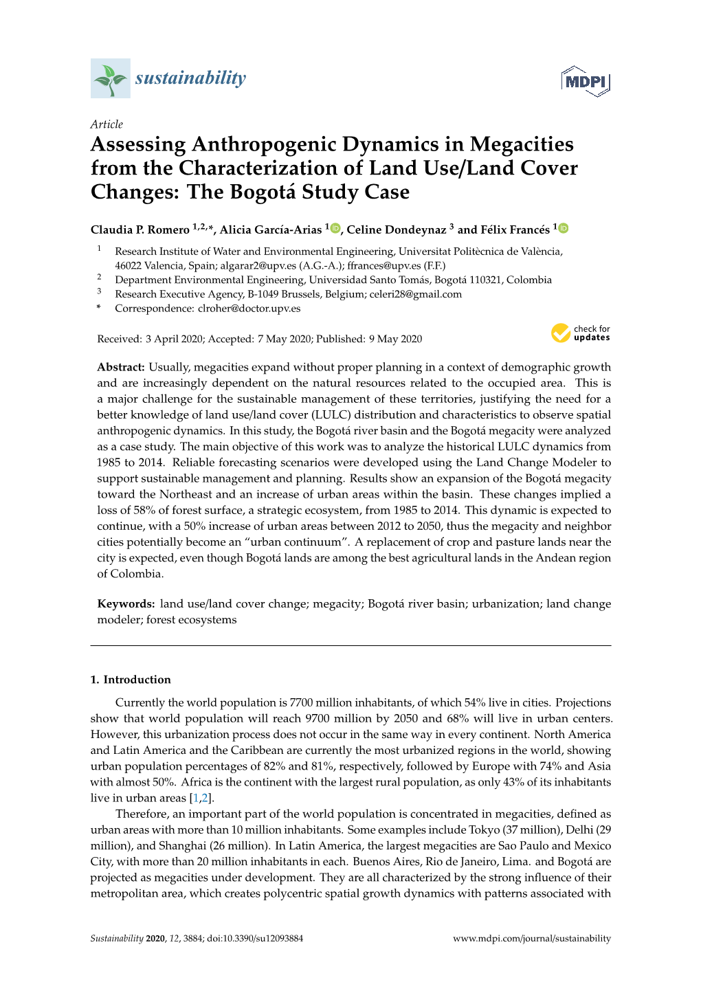 Assessing Anthropogenic Dynamics in Megacities from the Characterization of Land Use/Land Cover Changes: the Bogotá Study Case