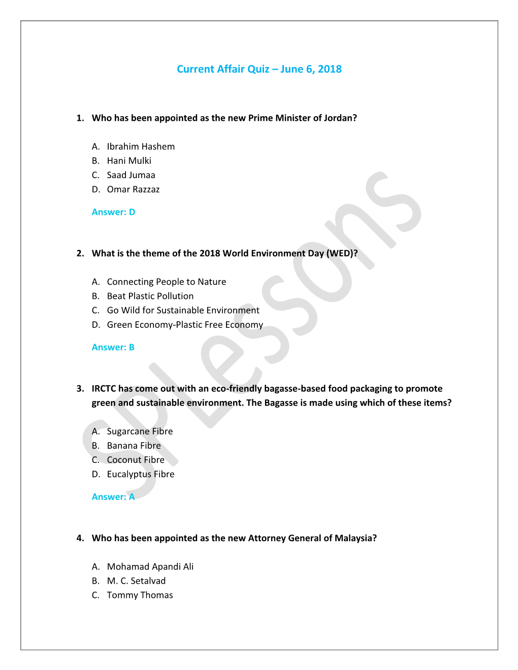 Current Affair Quiz – June 6, 2018