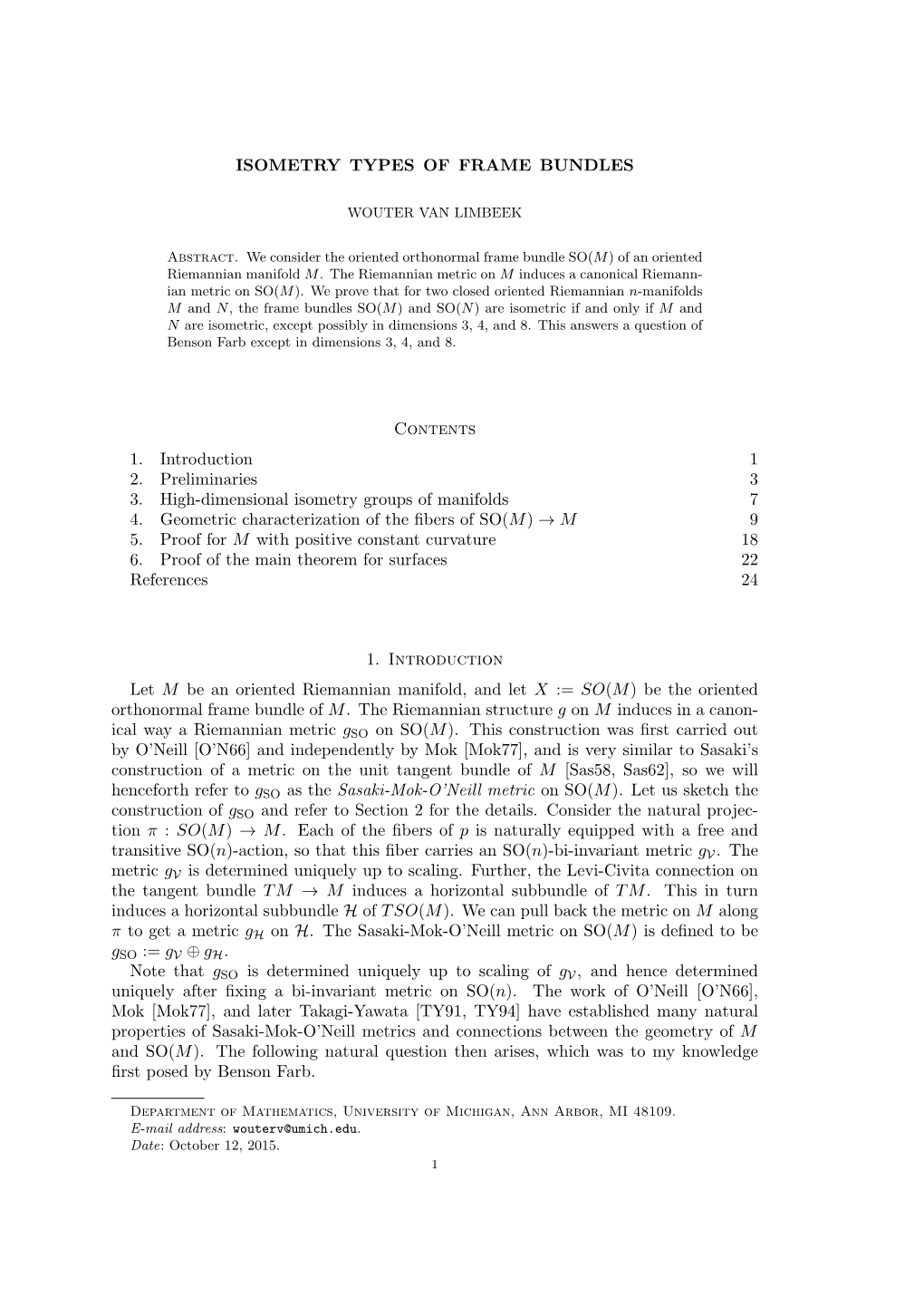 Isometry Types of Frame Bundles