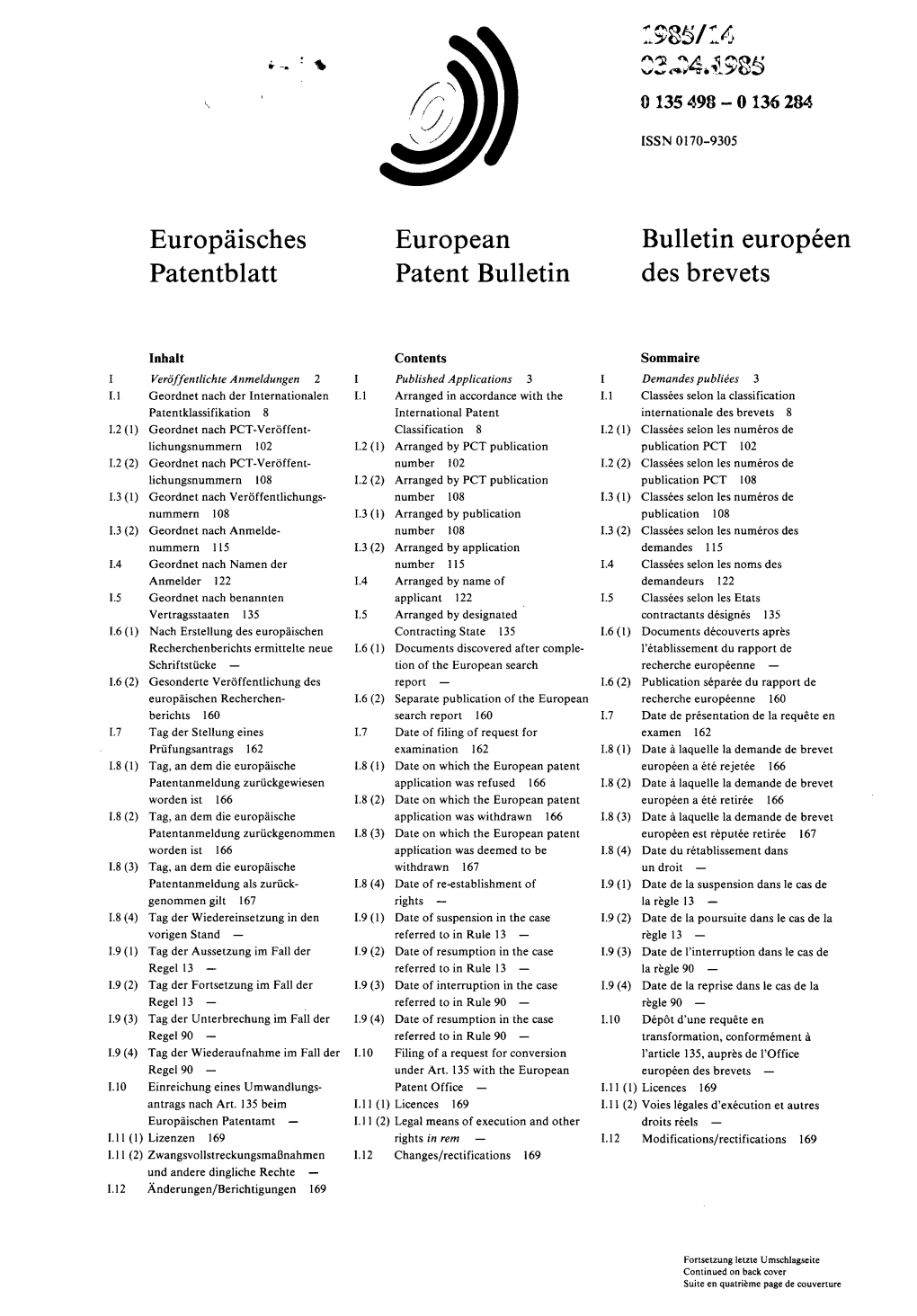 European Patent Bulletin 1985/14