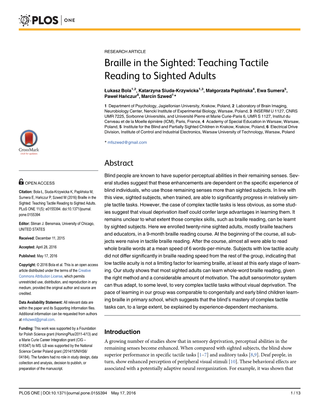Braille in the Sighted: Teaching Tactile Reading to Sighted Adults