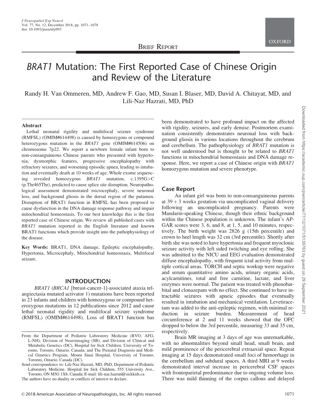 BRAT1 Mutation: the First Reported Case of Chinese Origin and Review of the Literature