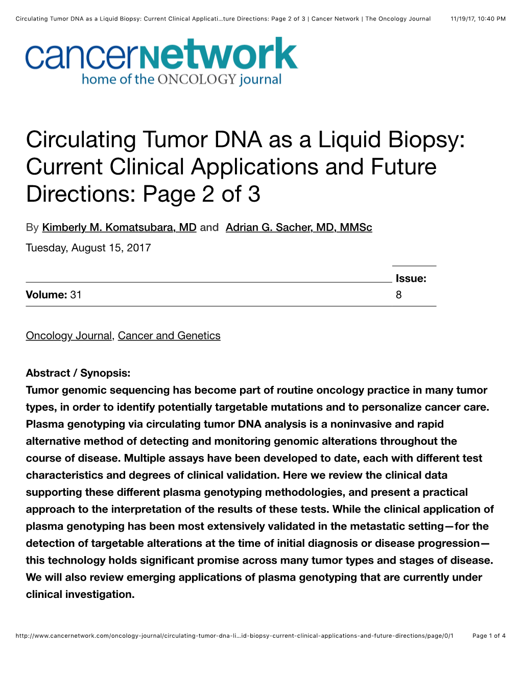 Circulating Tumor DNA As a Liquid Biopsy: Current Clinical Applicati…Ture Directions: Page 2 of 3 | Cancer Network | the Oncology Journal 11/19/17, 10(40 PM