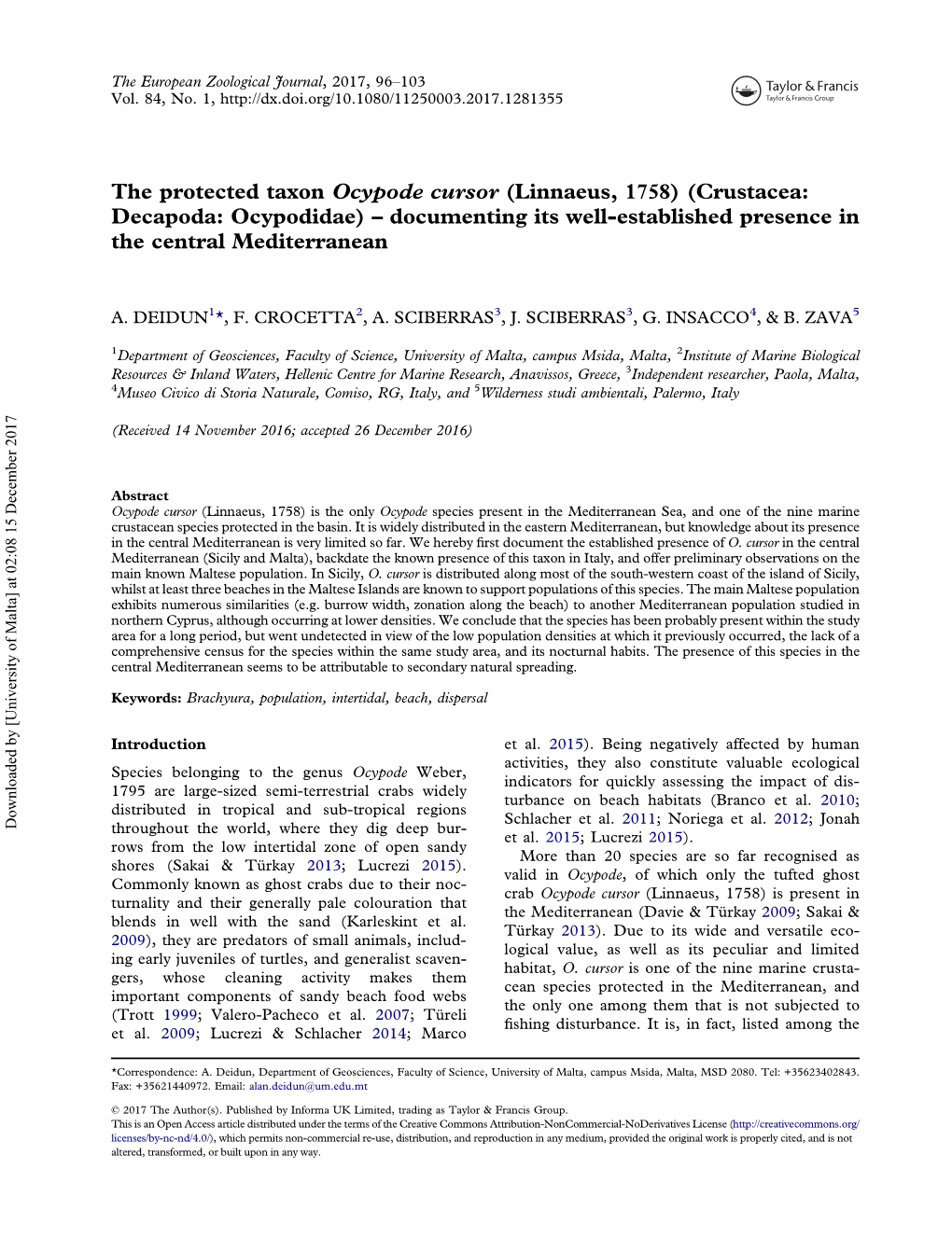 The Protected Taxon Ocypode Cursor (Linnaeus, 1758) (Crustacea: Decapoda: Ocypodidae) – Documenting Its Well-Established Presence in the Central Mediterranean