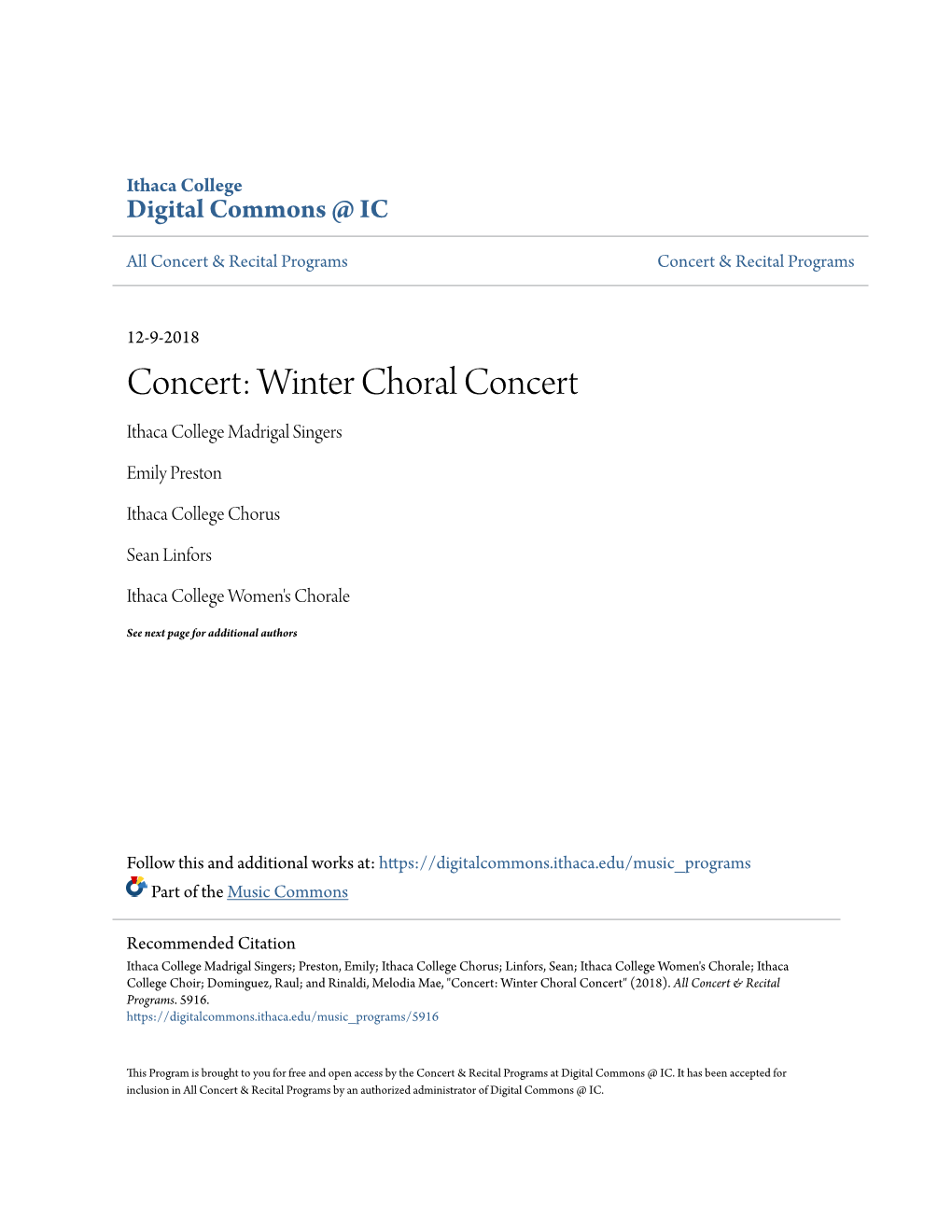 Winter Choral Concert Ithaca College Madrigal Singers