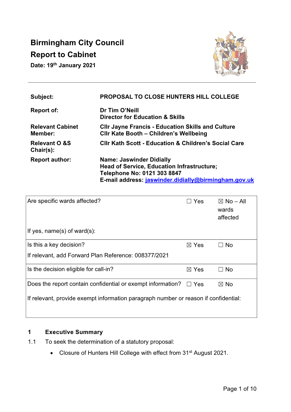 Birmingham City Council Report to Cabinet Date: 19Th January 2021