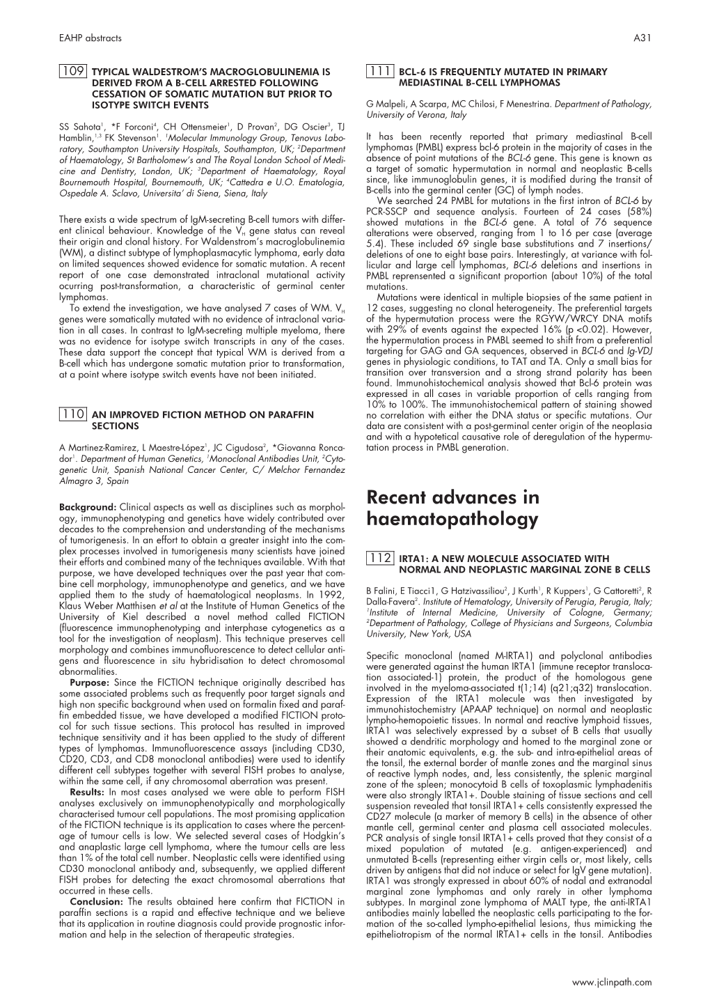 Recent Advances in Haematopathology