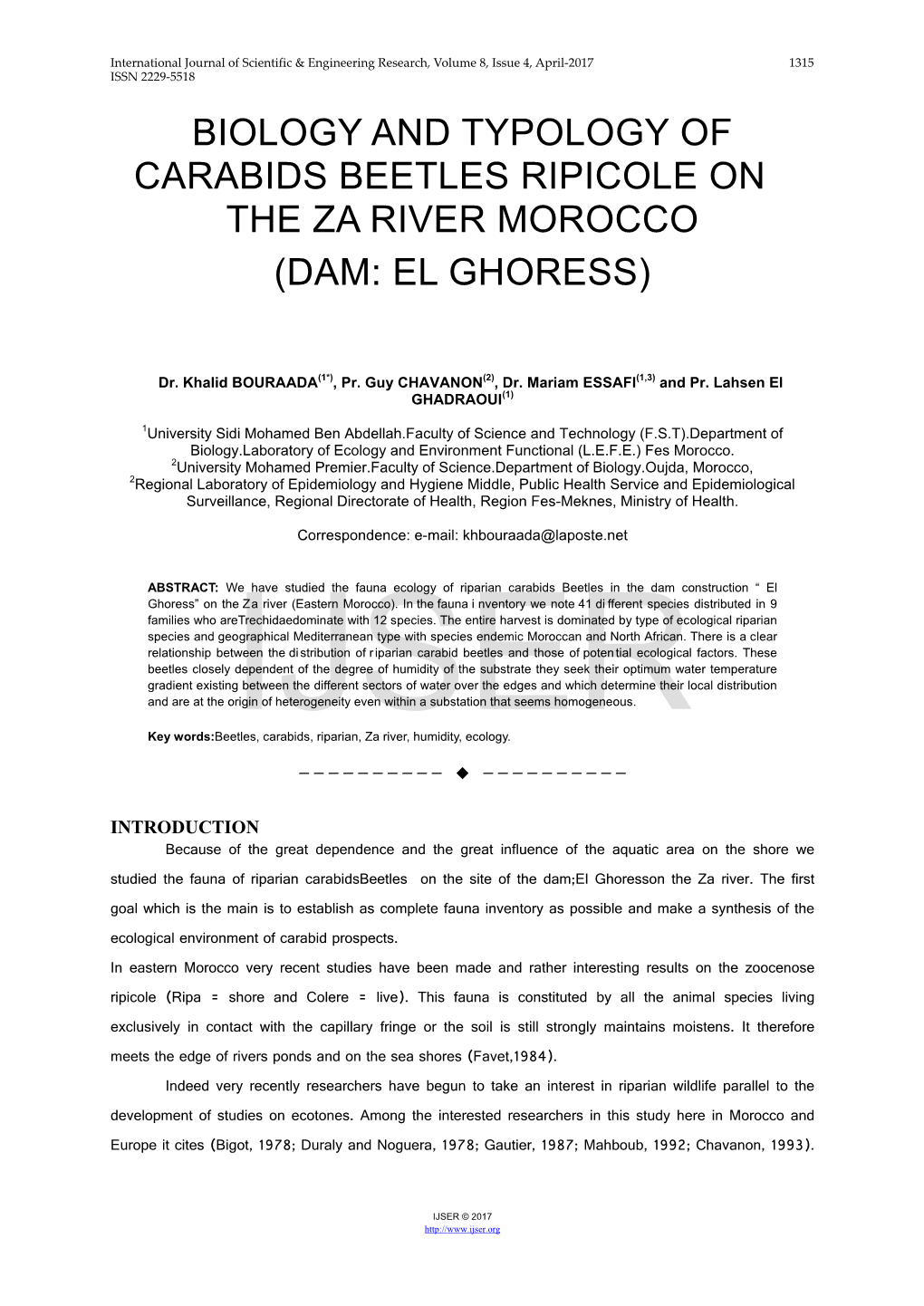Biology and Typology of Carabids Beetles Ripicole on the Za River Morocco (Dam: El Ghoress)