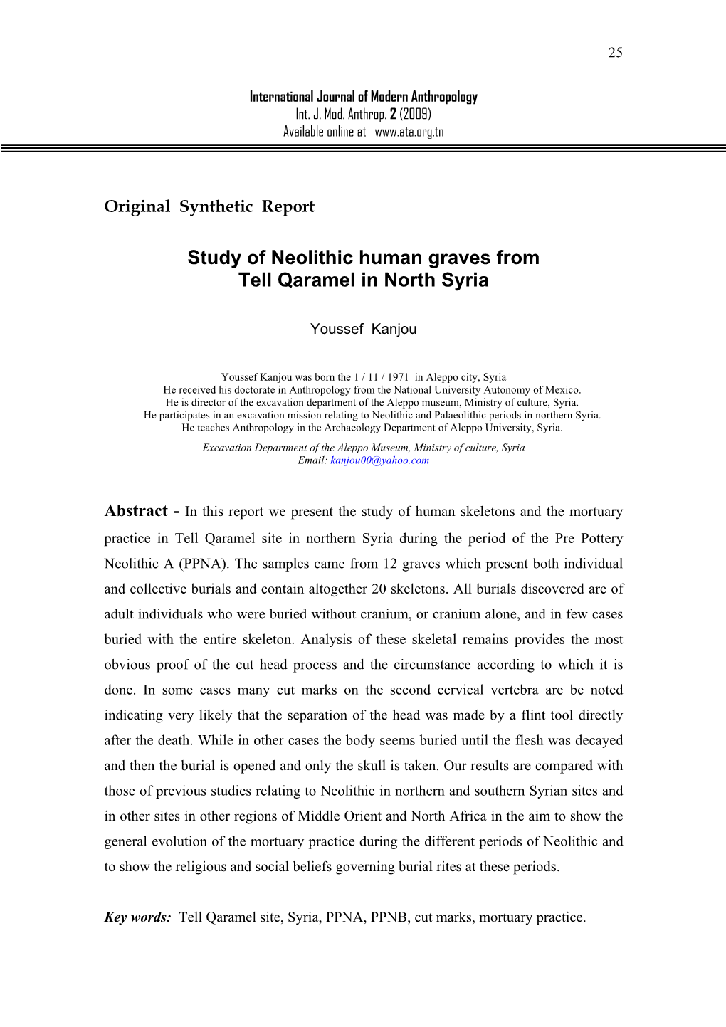 Study of Neolithic Human Graves from Tell Qaramel in North Syria