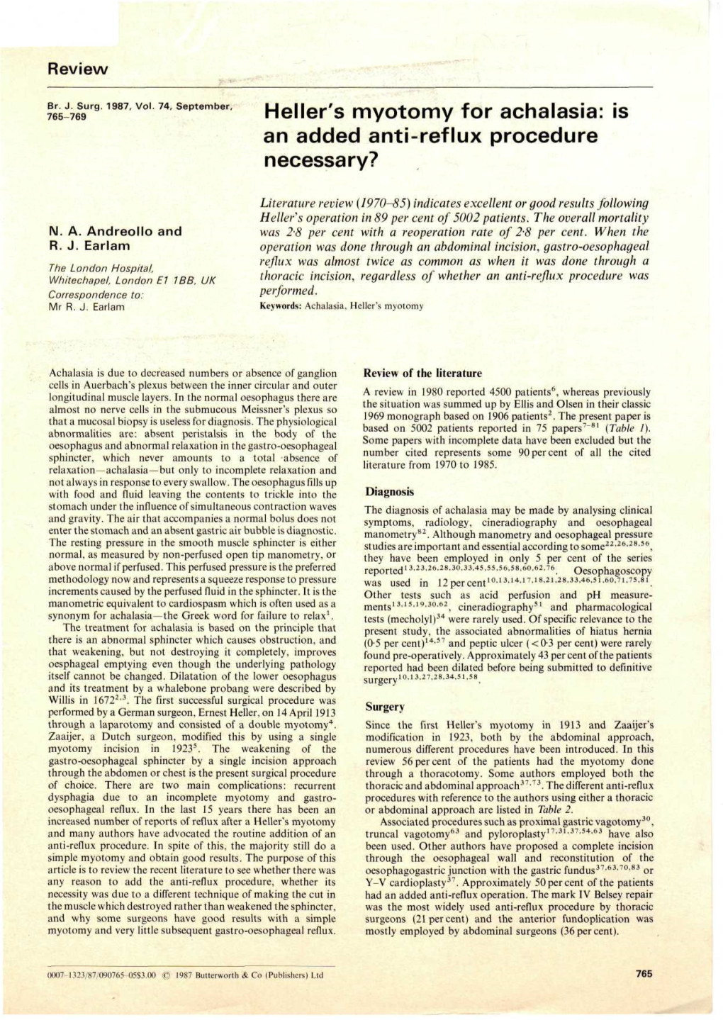 Heller's Myotomy for Achalasia: Is an Added Anti-Reflux Procedure Necessary?