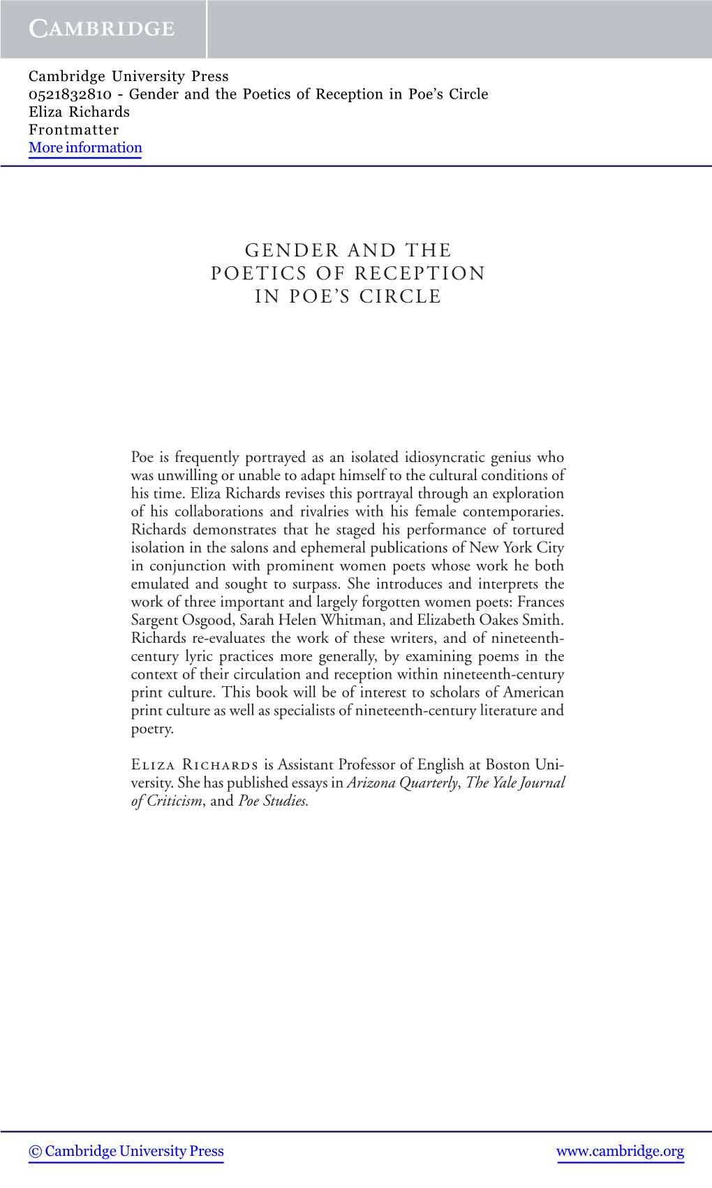 Gender and the Poetics of Reception in Poe's Circle