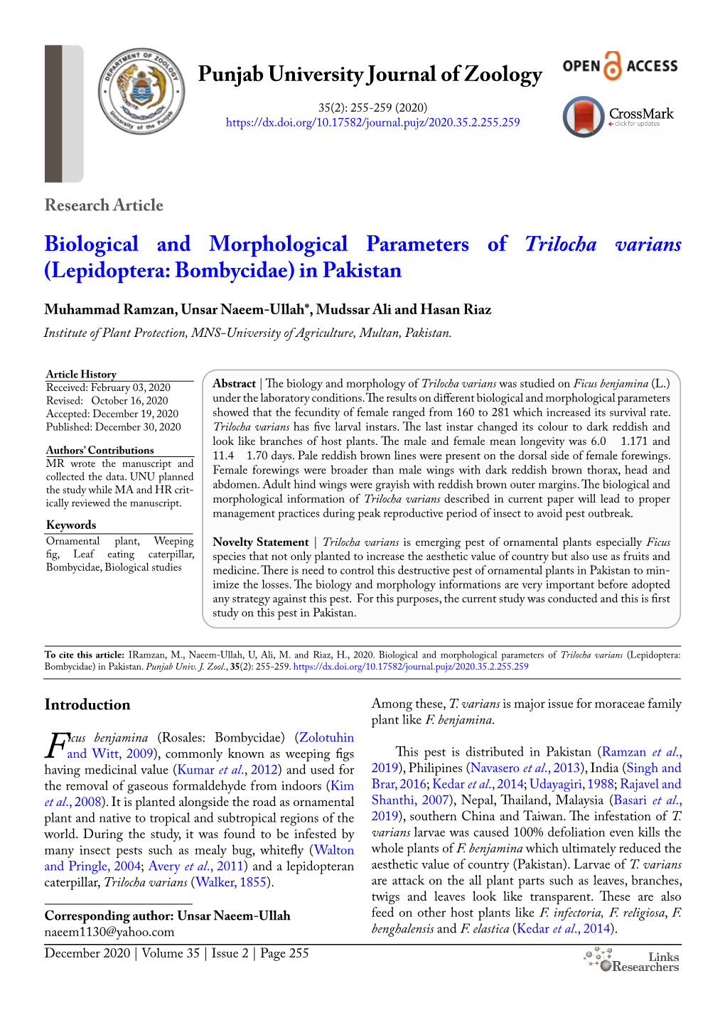 Biological and Morphological Parameters of Trilocha Varians (Lepidoptera: Bombycidae) in Pakistan