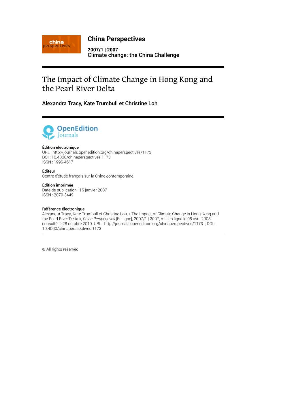 The Impact of Climate Change in Hong Kong and the Pearl River Delta