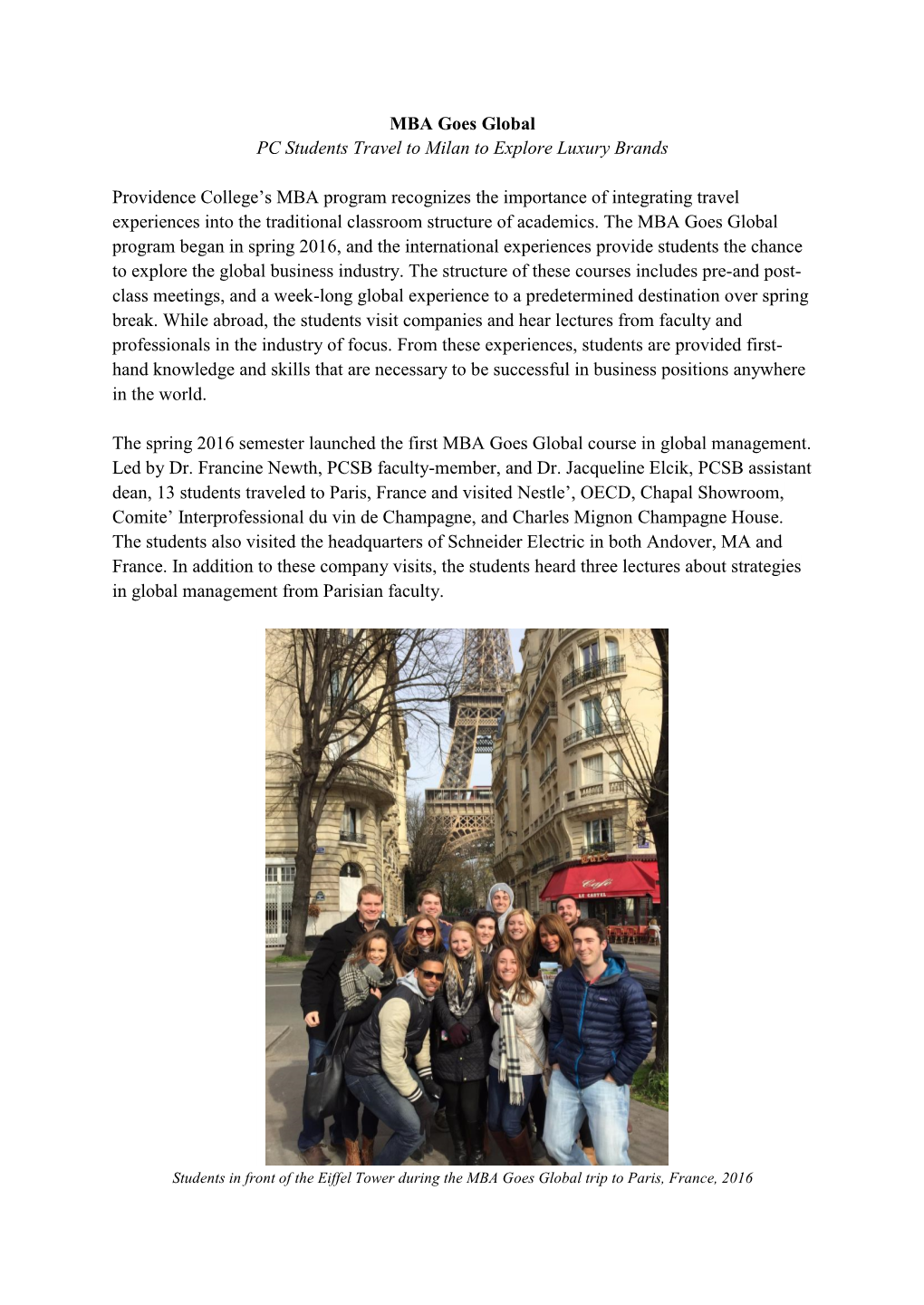 MBA Goes Global PC Students Travel to Milan to Explore Luxury Brands