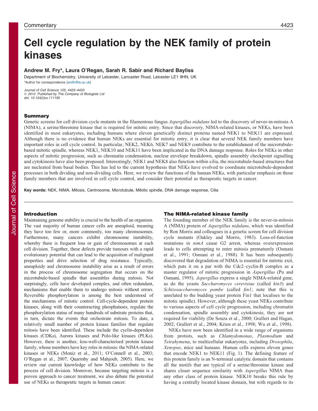 Cell Cycle Regulation by the NEK Family of Protein Kinases