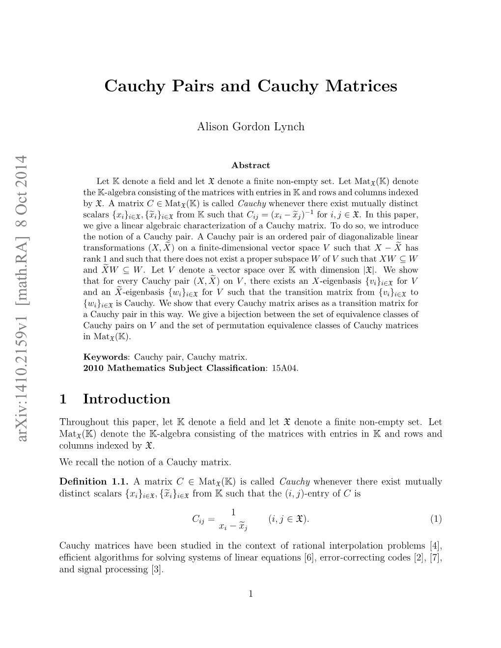 Cauchy Pairs and Cauchy Matrices