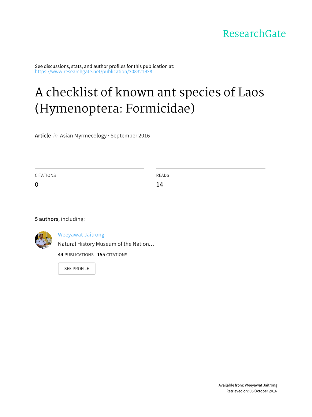 A Checklist of Known Ant Species of Laos (Hymenoptera: Formicidae)
