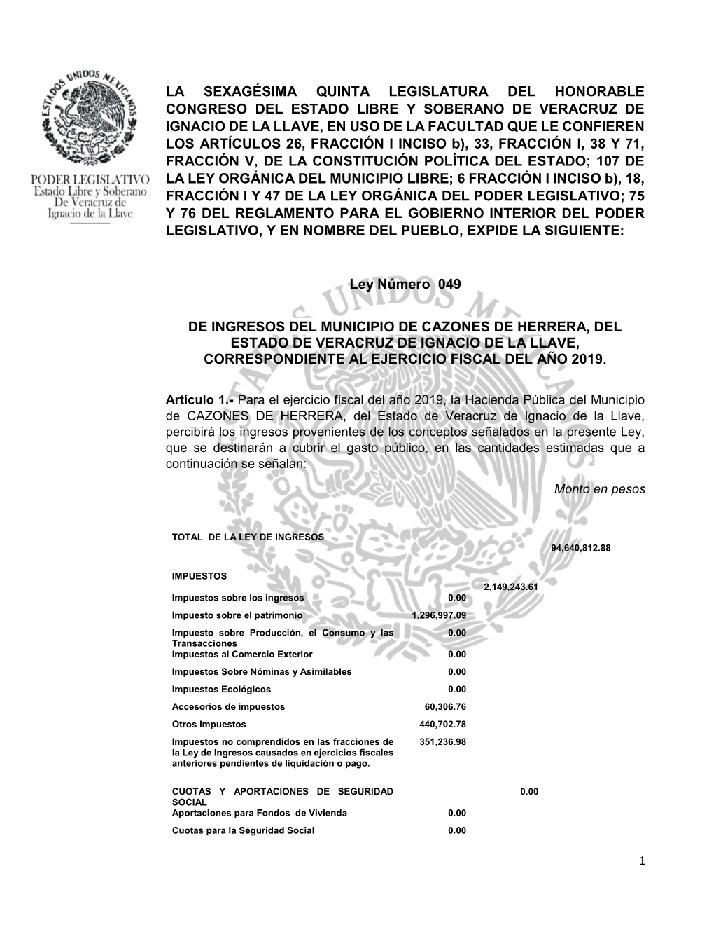 Cazones De Herrera, Del Estado De Veracruz De Ignacio De La Llave, Correspondiente Al Ejercicio Fiscal Del Año 2019