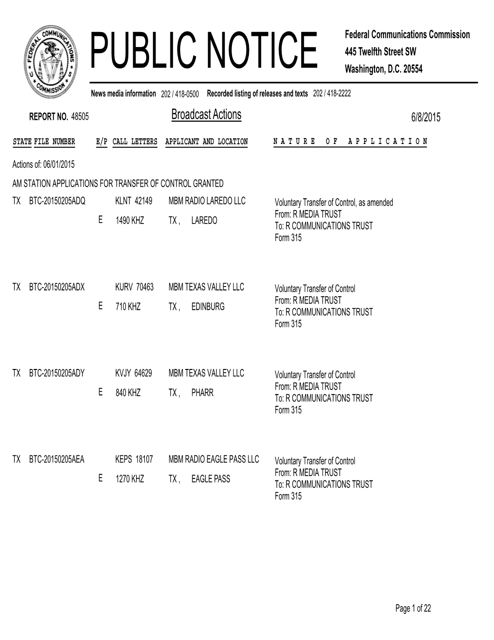 Broadcast Actions 6/8/2015