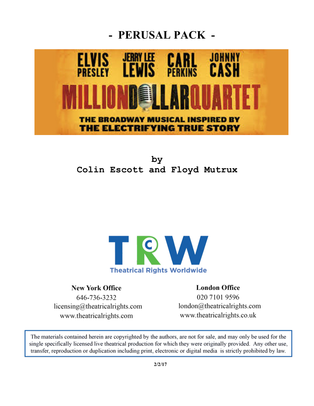 Million Dollar Quartet Musical Numbers, Characters, and Pages