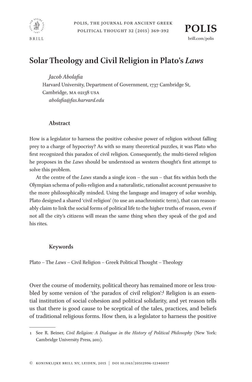 Solar Theology and Civil Religion in Plato's Laws