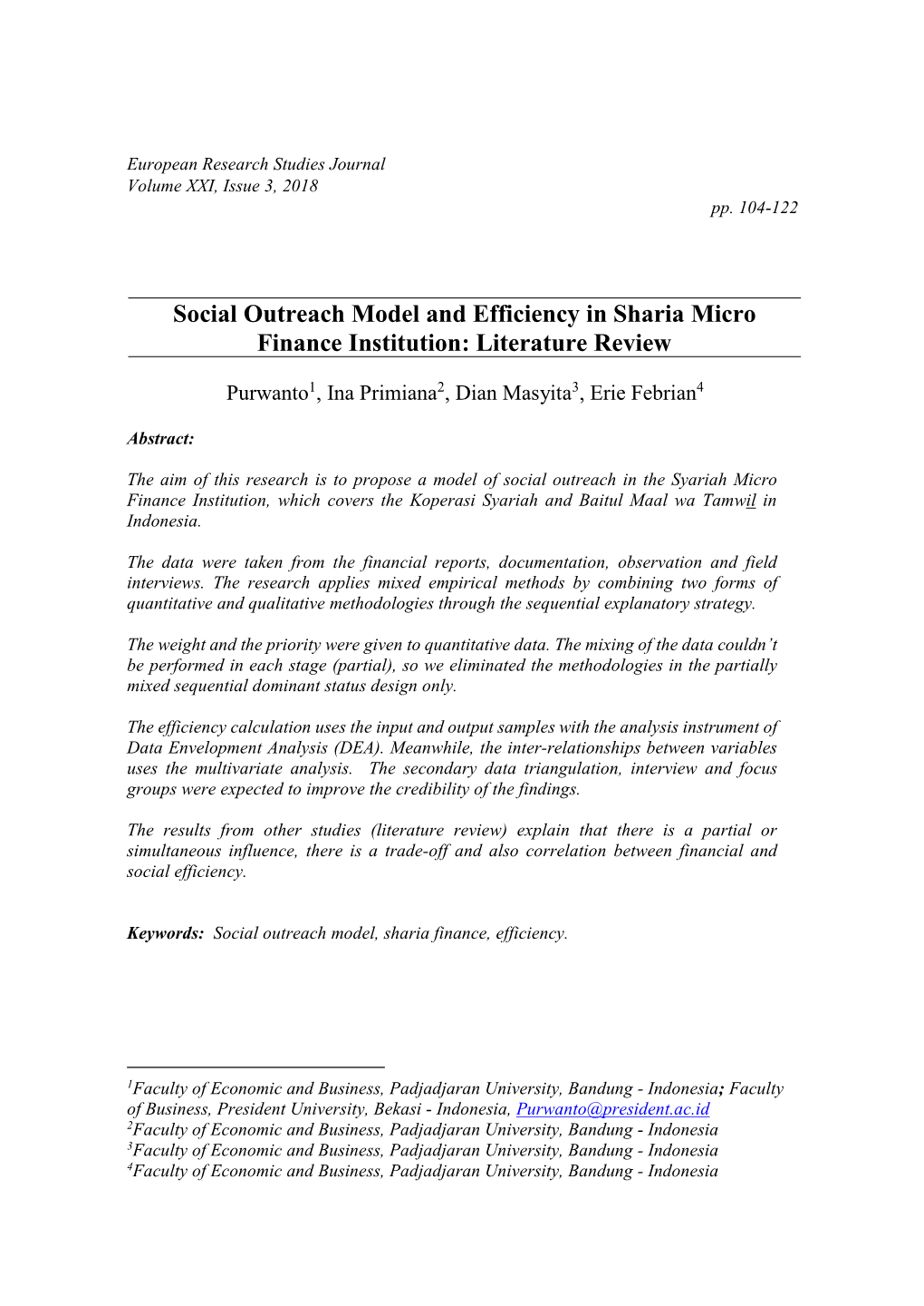 Social Outreach Model and Efficiency in Sharia Micro Finance Institution: Literature Review