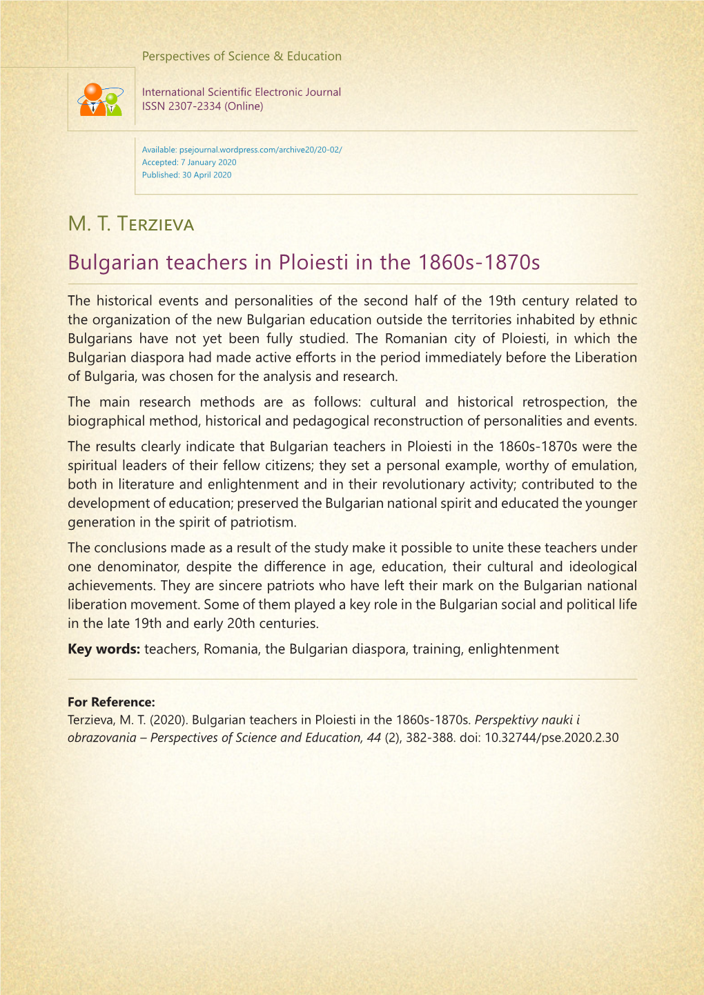 M. T. Terzieva Bulgarian Teachers in Ploiesti in the 1860S-1870S