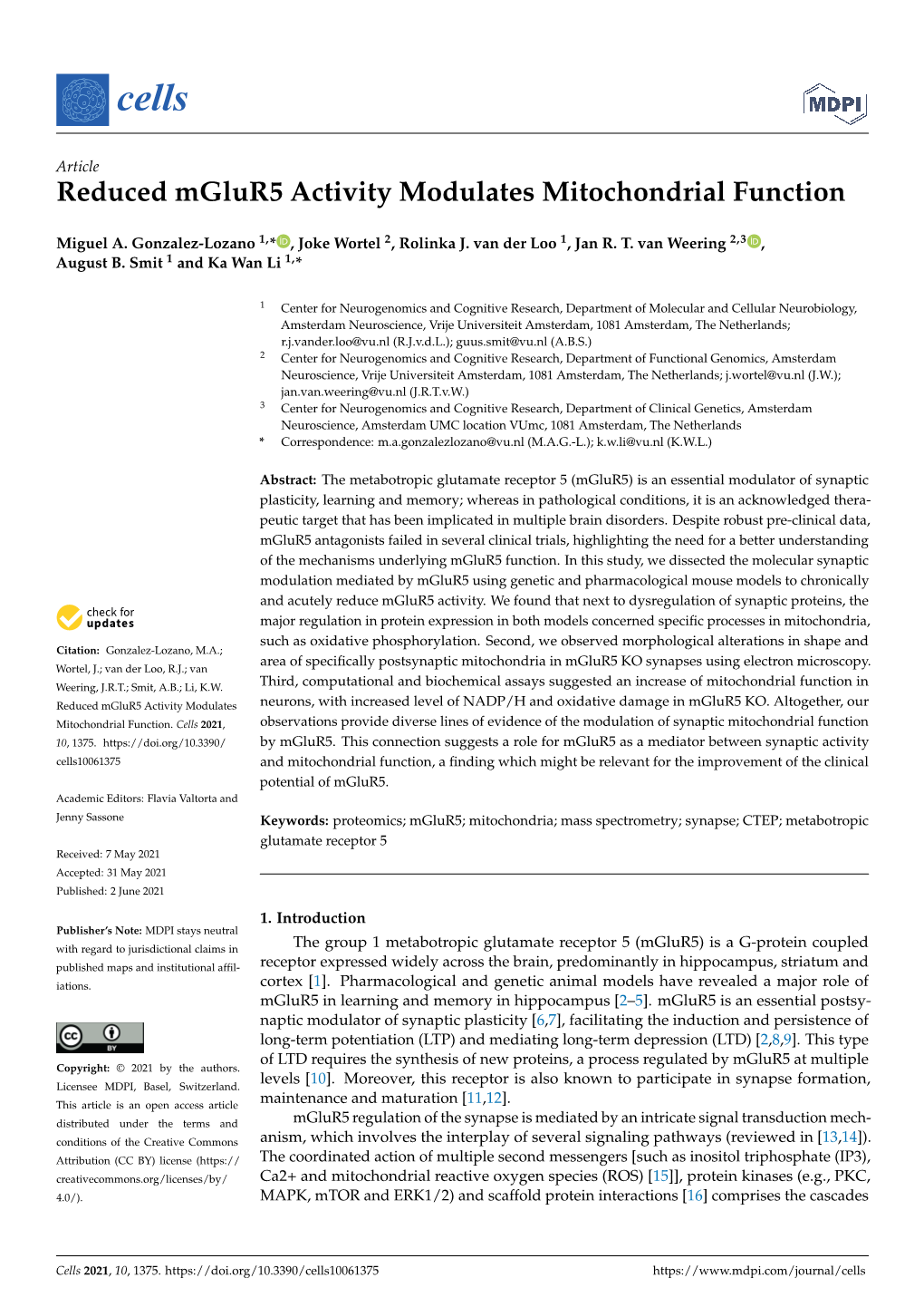 Reduced Mglur5 Activity Modulates Mitochondrial Function