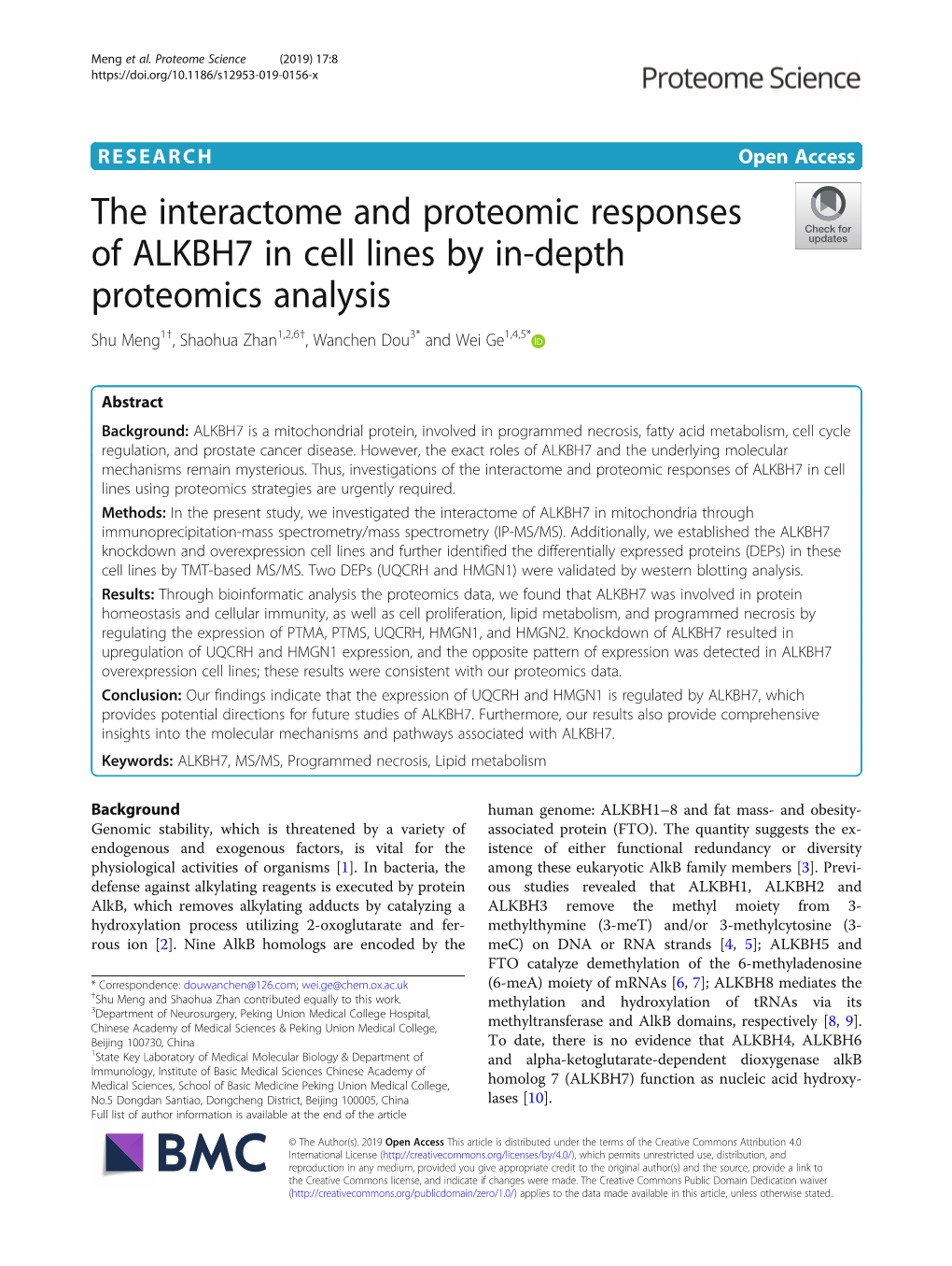 The Interactome and Proteomic Responses of ALKBH7 in Cell Lines by In-Depth Proteomics Analysis Shu Meng1†, Shaohua Zhan1,2,6†, Wanchen Dou3* and Wei Ge1,4,5*