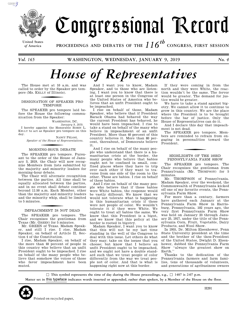 Congressional Record United States Th of America PROCEEDINGS and DEBATES of the 116 CONGRESS, FIRST SESSION