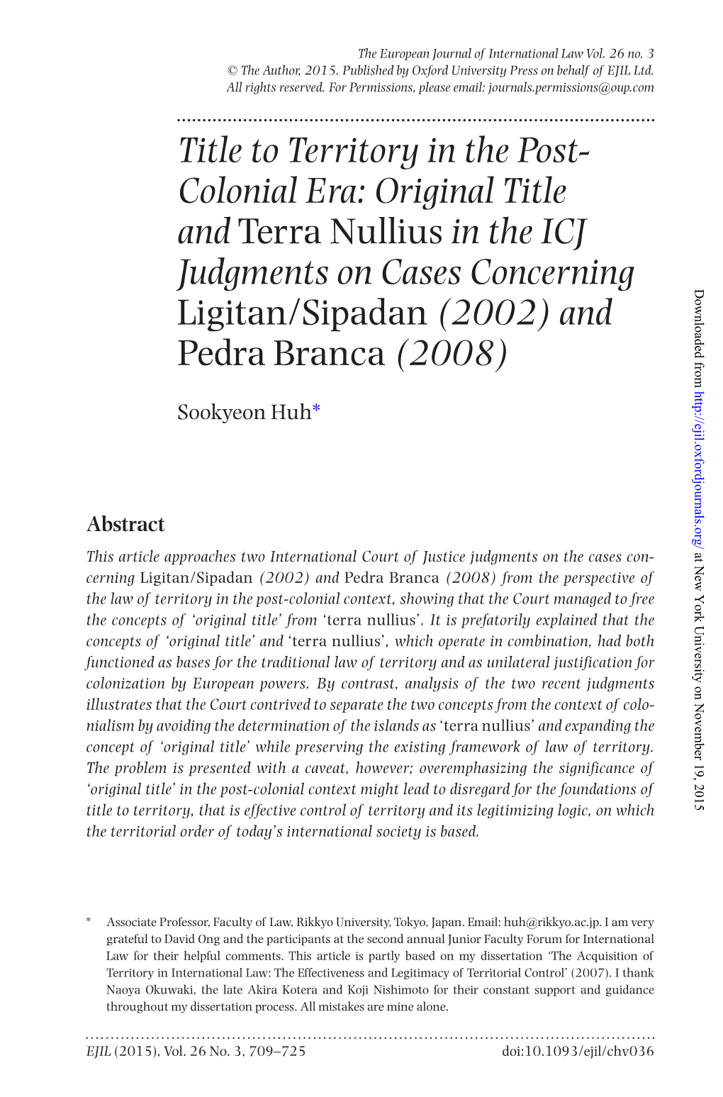 Title to Territory in the Post- Colonial Era: Original Title and Terra Nullius in the ICJ Judgments on Cases Concerning Ligitan