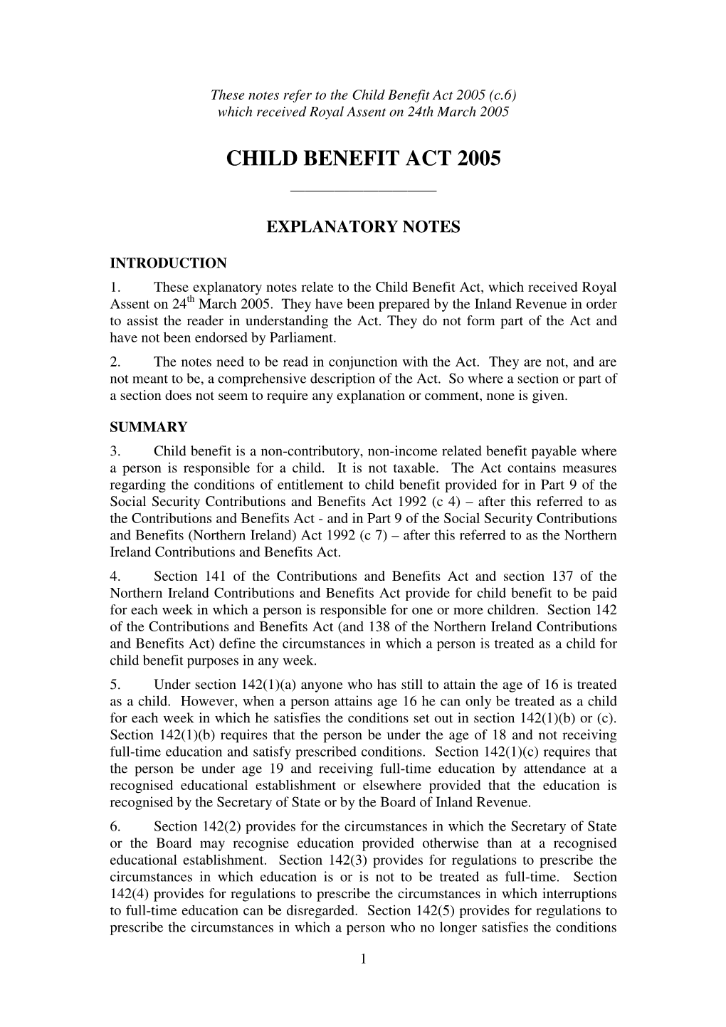 Child Benefit Act 2005 (C.6) Which Received Royal Assent on 24Th March 2005