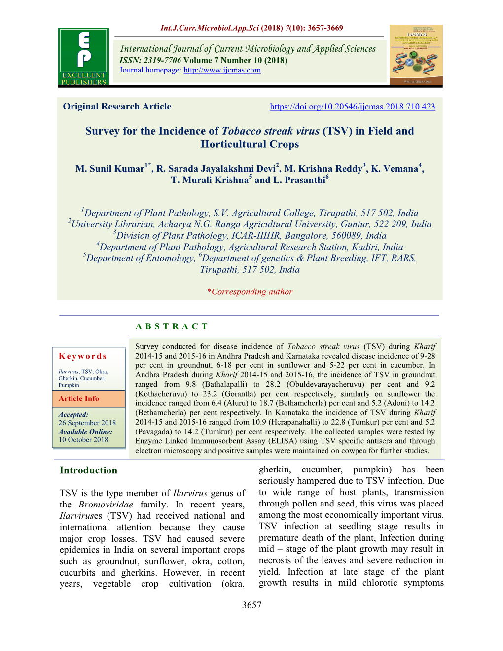 Survey for the Incidence of Tobacco Streak Virus (TSV) in Field and Horticultural Crops