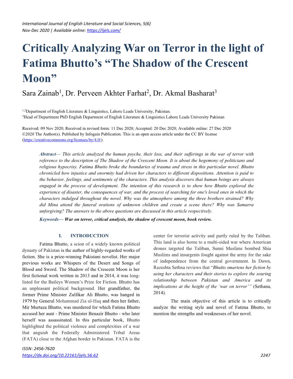 Critically Analyzing War on Terror in the Light of Fatima Bhutto's “The Shadow of the Crescent Moon”