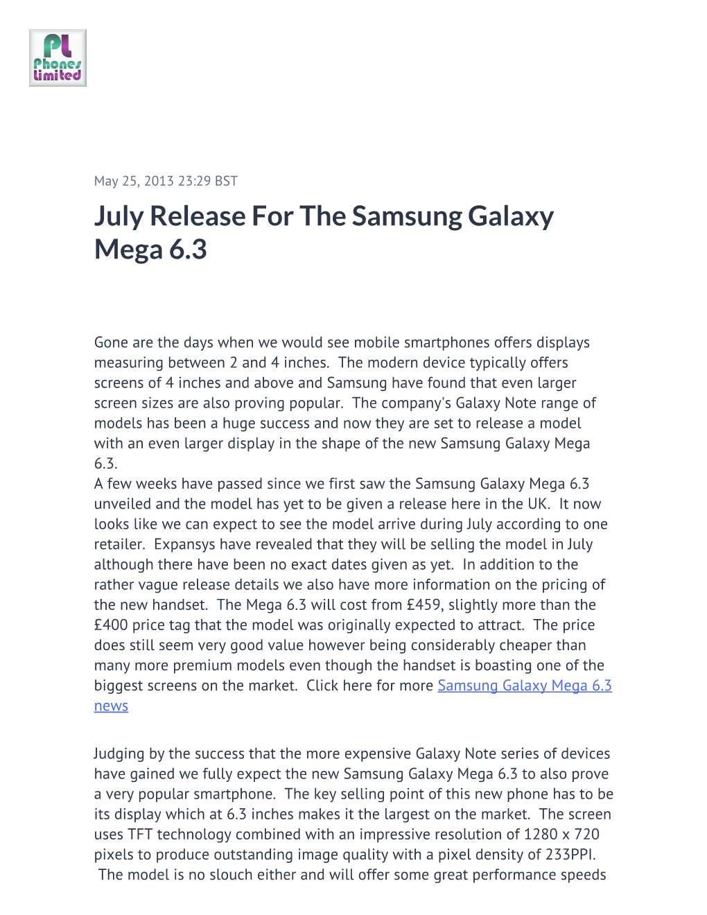 July Release for the Samsung Galaxy Mega 6.3