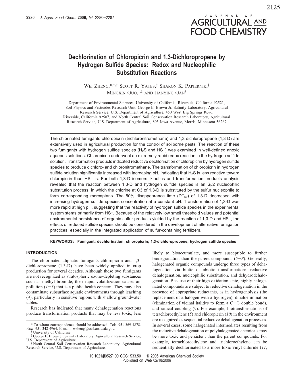 Dechlorination of Chloropicrin and 1,3-Dichloropropene by Hydrogen Sulfide Species: Redox and Nucleophilic Substitution Reactions