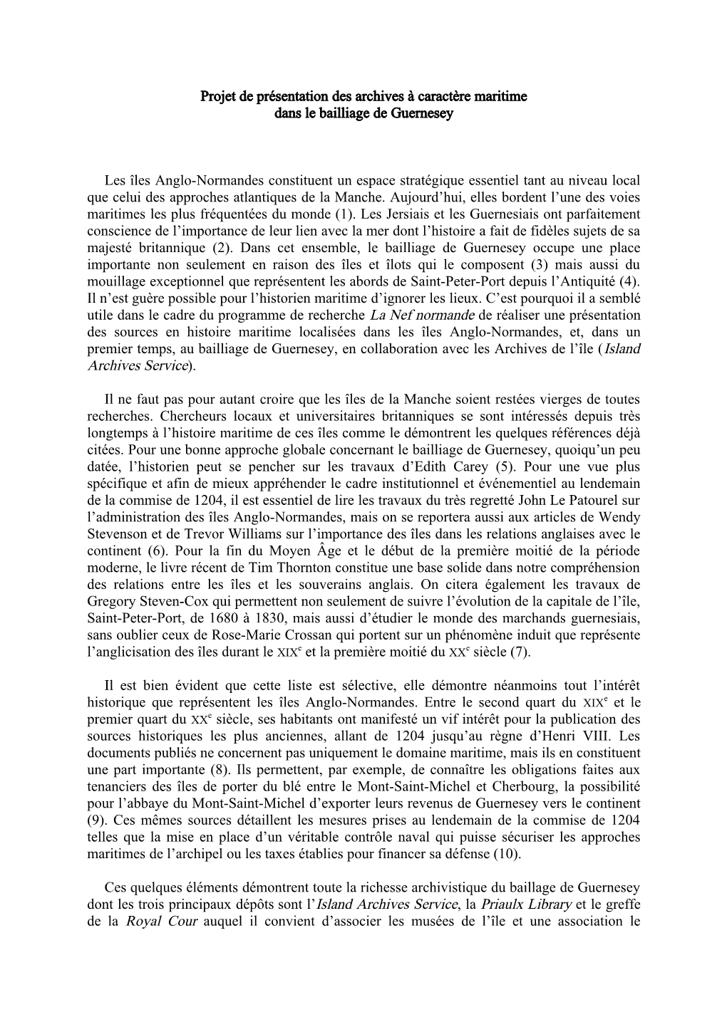 Projet De Présentation Des Archives À Caractère Maritime Dans Le Bailliage De Guernesey