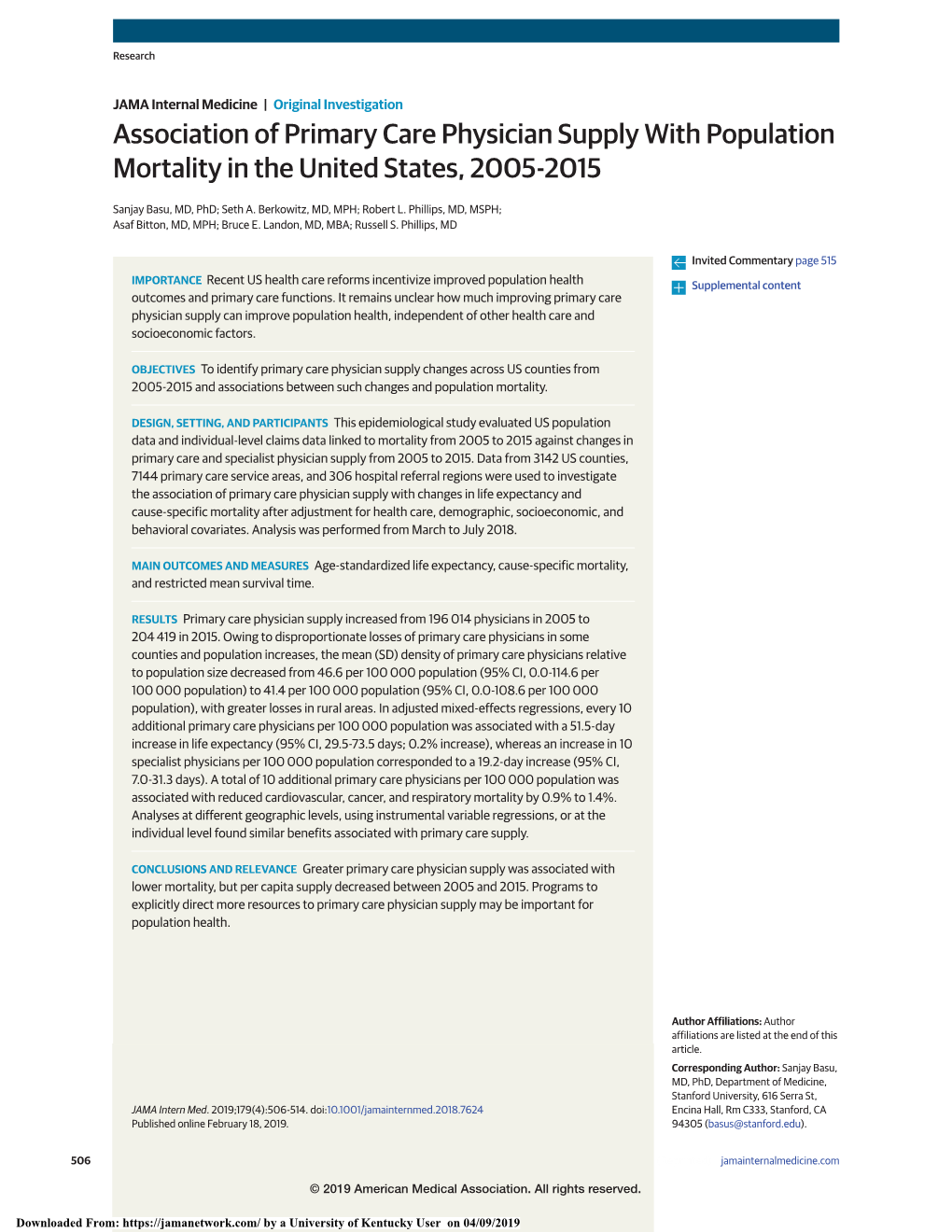 Association of Primary Care Physician Supply with Population Mortality in the United States, 2005-2015