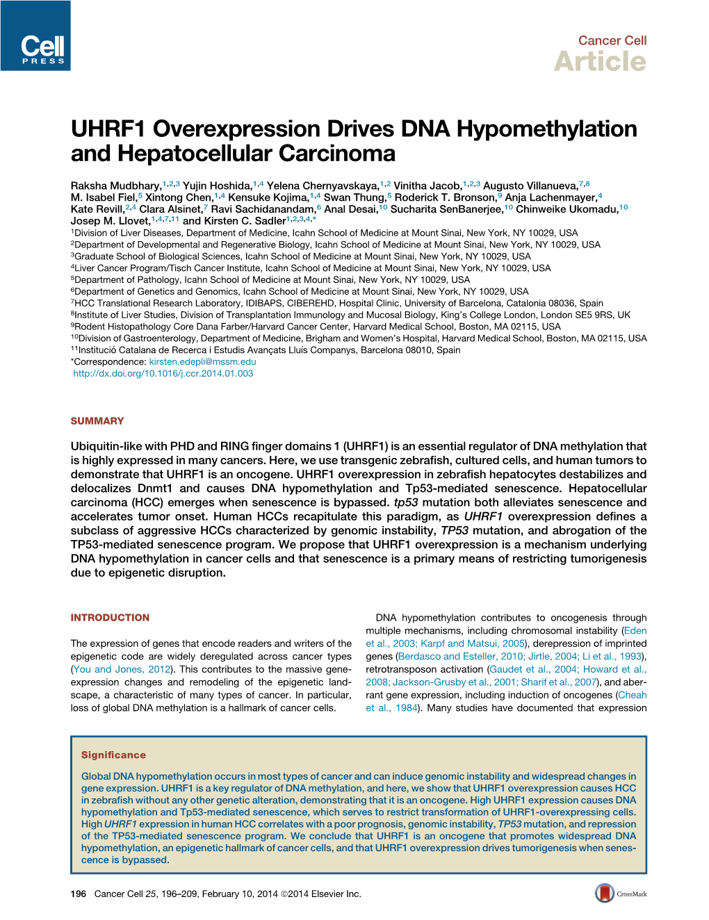 UHRF1 Overexpression Drives DNA Hypomethylation and Hepatocellular Carcinoma