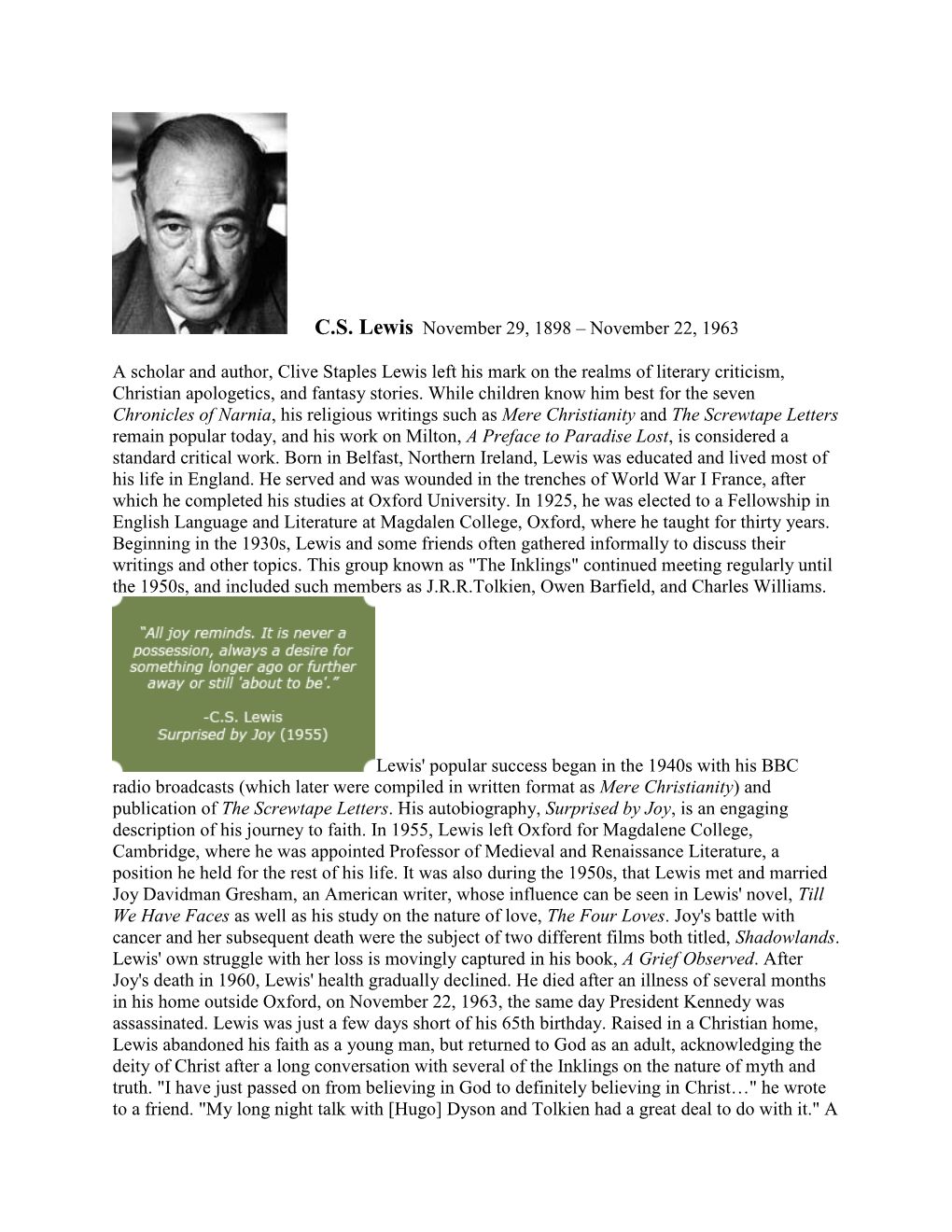 CS Lewis November 29, 1898