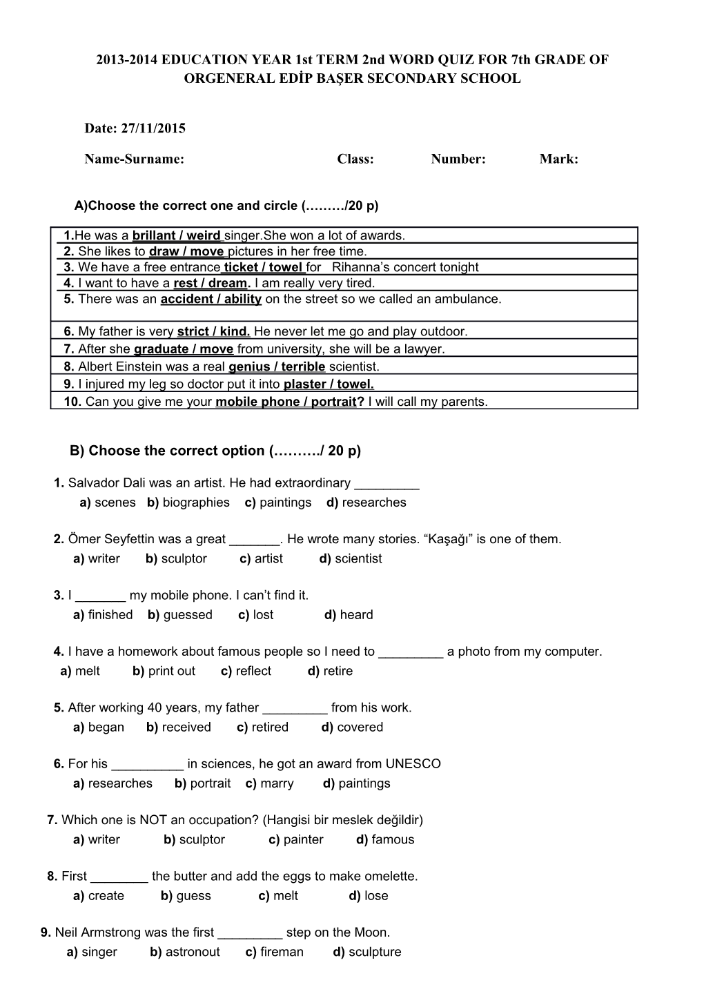 2013-2014 EDUCATION YEAR 1St TERM 2Nd WORD QUIZ for 7Th GRADE of ORGENERAL EDİP BAŞER