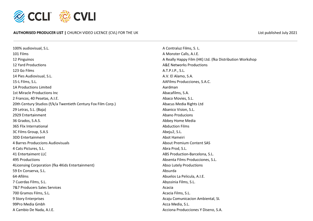 FOR the UK List Published July 2021 100% Audiovisual, SL 101 Films 12