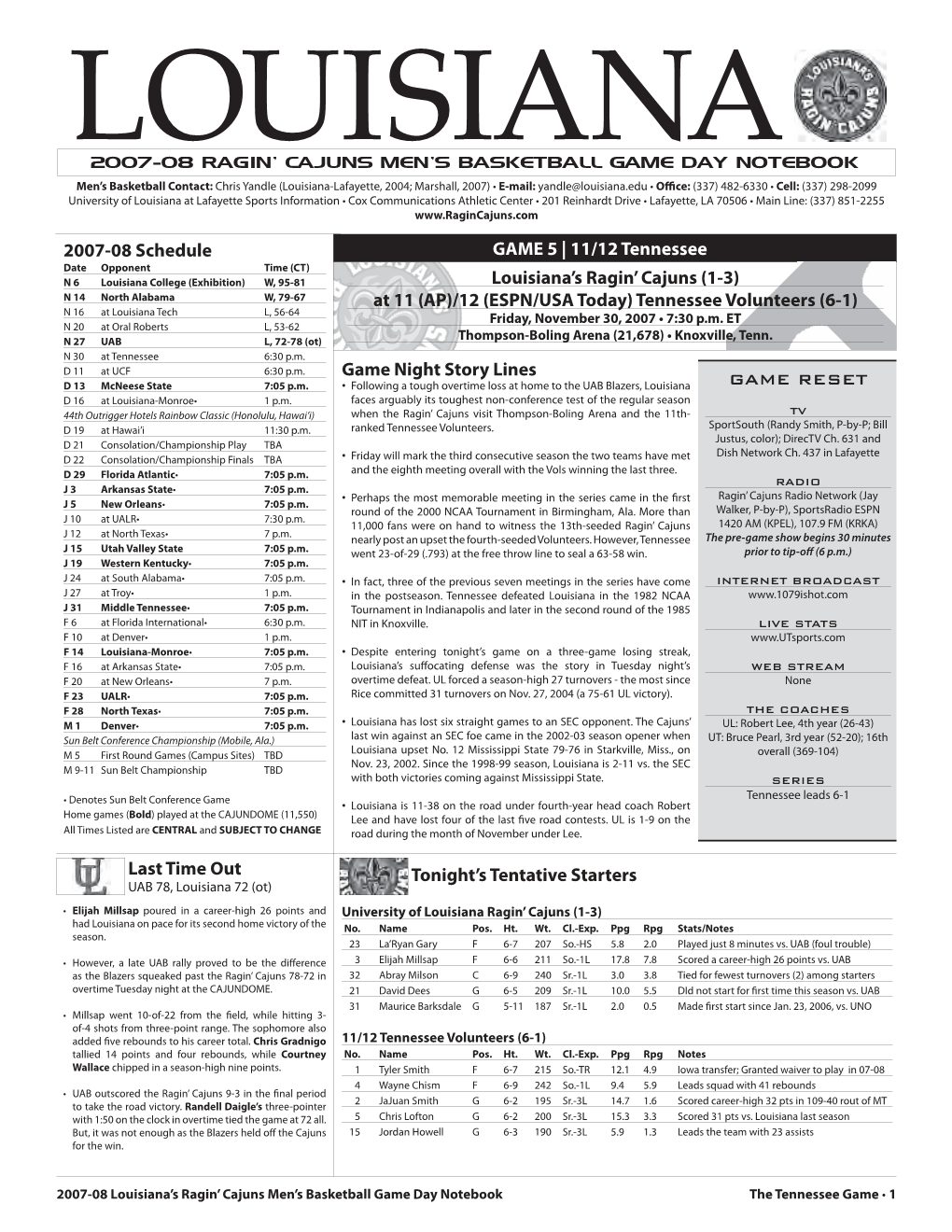 GAME 5 | 11/12 Tennessee 2007-08 Schedule Game Night Story Lines Tonight's Tentative Starters Last Time out GAME RESET Louisia