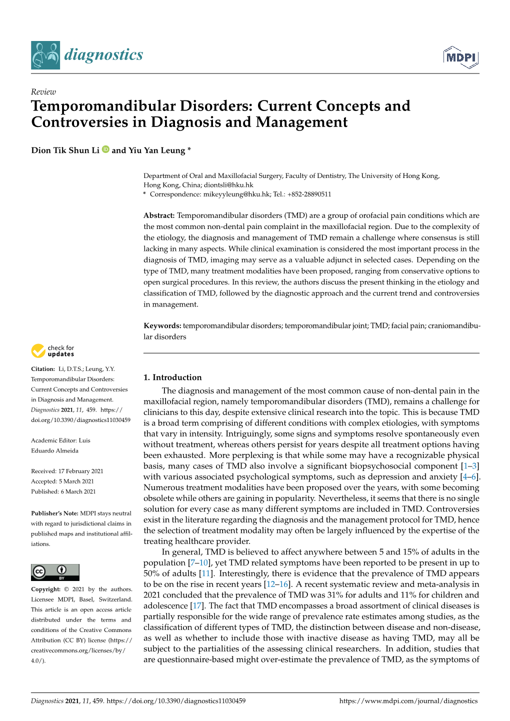 Temporomandibular Disorders: Current Concepts and Controversies in Diagnosis and Management