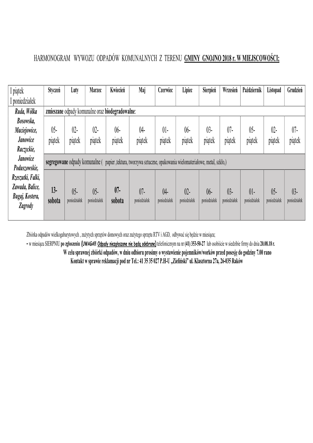 HARMONOGRAM WYWOZU ODPADÓW KOMUNALNYCH Z TERENU GMINY GNOJNO 2018 R