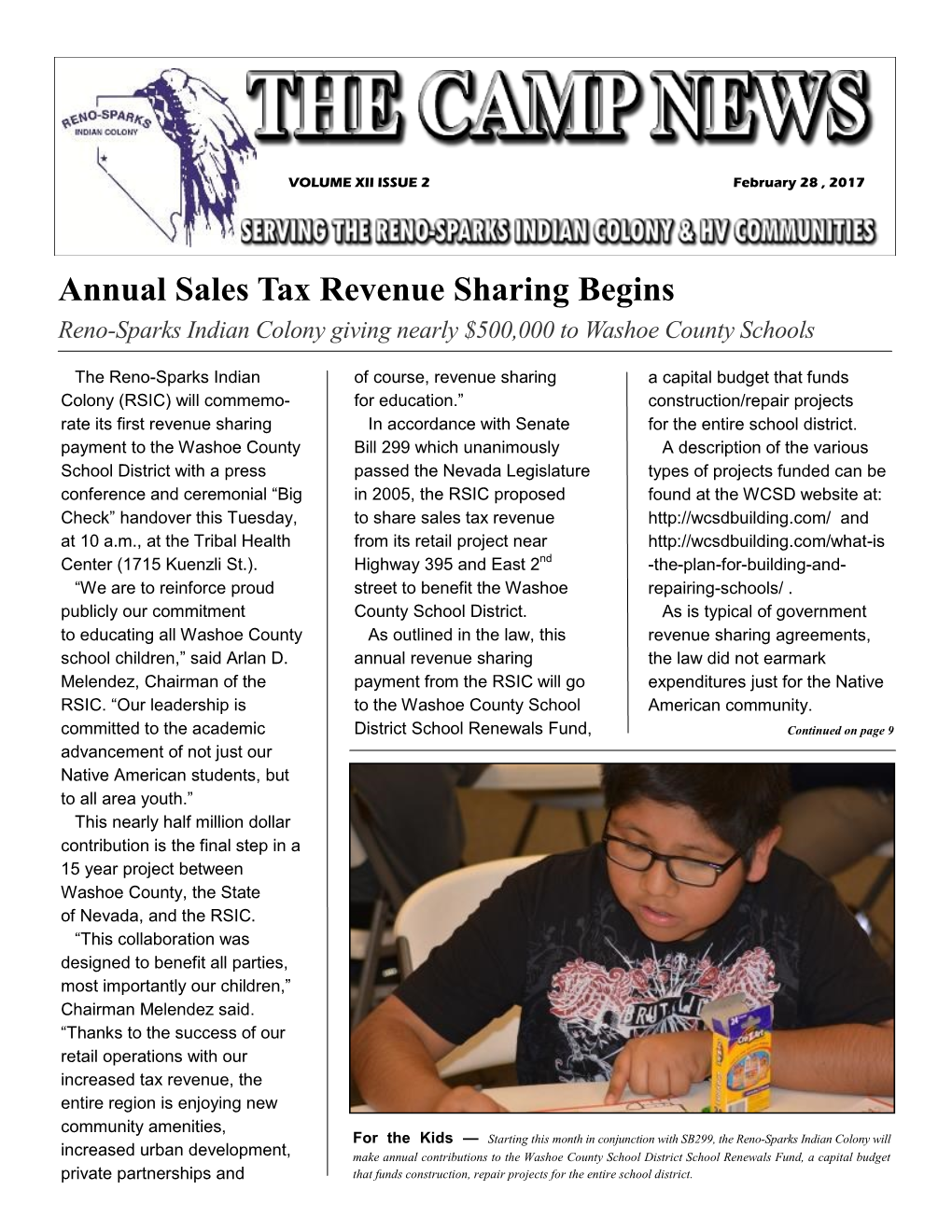 Annual Sales Tax Revenue Sharing Begins Reno-Sparks Indian Colony Giving Nearly $500000 to Washoe County Schools