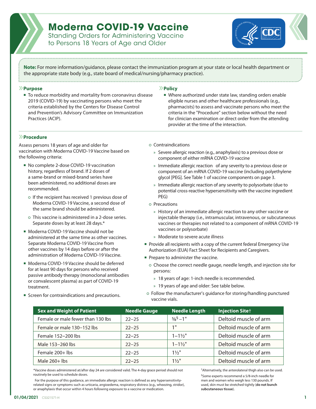 Moderna COVID-19 Vaccine Standing Orders for Administering Vaccine to Persons 18 Years of Age and Older